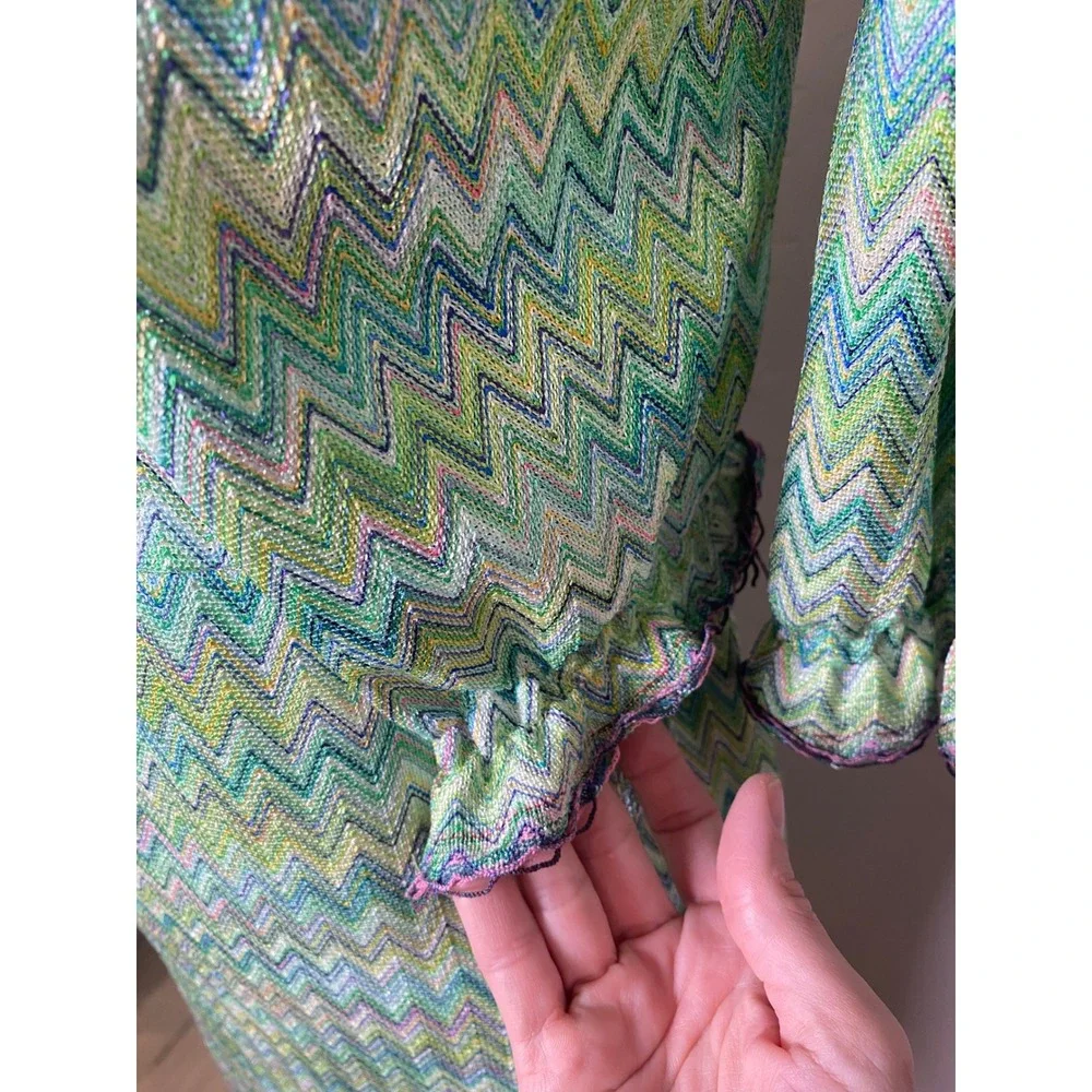 Vintage 70s Handmade Green Chevron Zigzag Knit Dress and Jacket Set Metallic